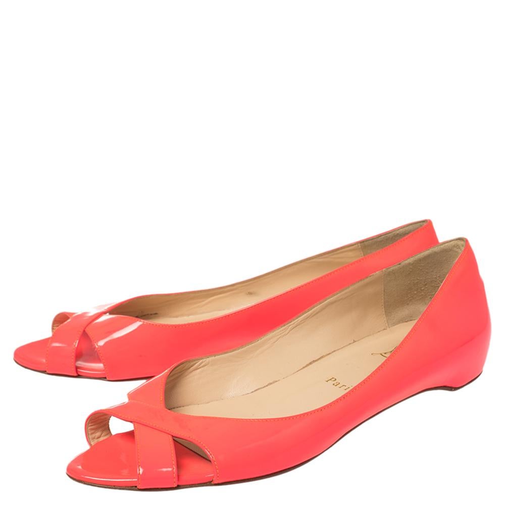 Women's Christian Louboutin Neon Pink Patent Leather Croisette Flats Size 38.5