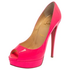 Christian Louboutin Neon Pink Patent Leather Lady Peep Toe Pumps Size 39.5