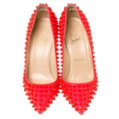 Christian Louboutin Neon Pink Patent Leather Pigalle Spikes Pumps Size 35.5