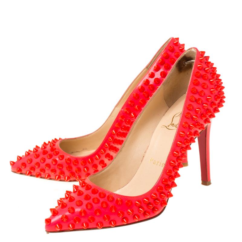Christian Louboutin Neon Pink Patent Leather Pigalle Spikes Pumps Size 35.5 4