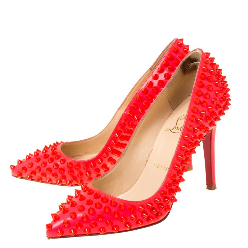 Christian Louboutin Neon Pink Patent Leather Pigalle Spikes Pumps Size 35.5 4