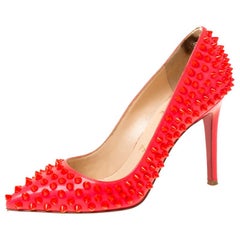 Christian Louboutin Neon Pink Patent Leather Pigalle Spikes Pumps Size 35.5