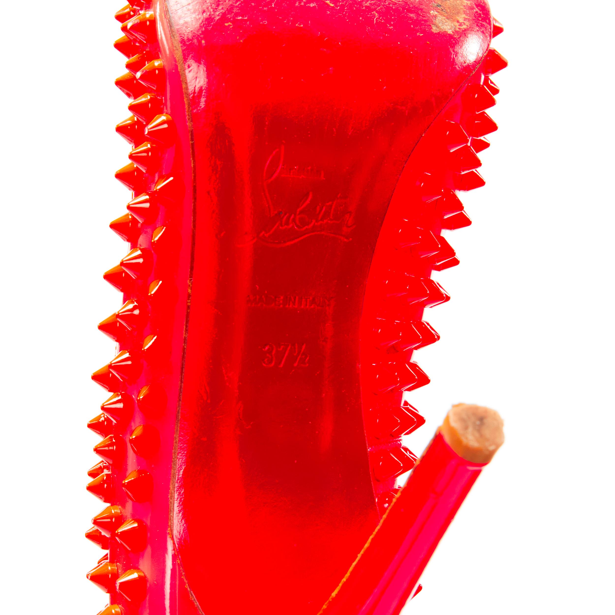 CHRISTIAN LOUBOUTIN neon pink patent spike stud point toe pigalle pump EU37.5 7