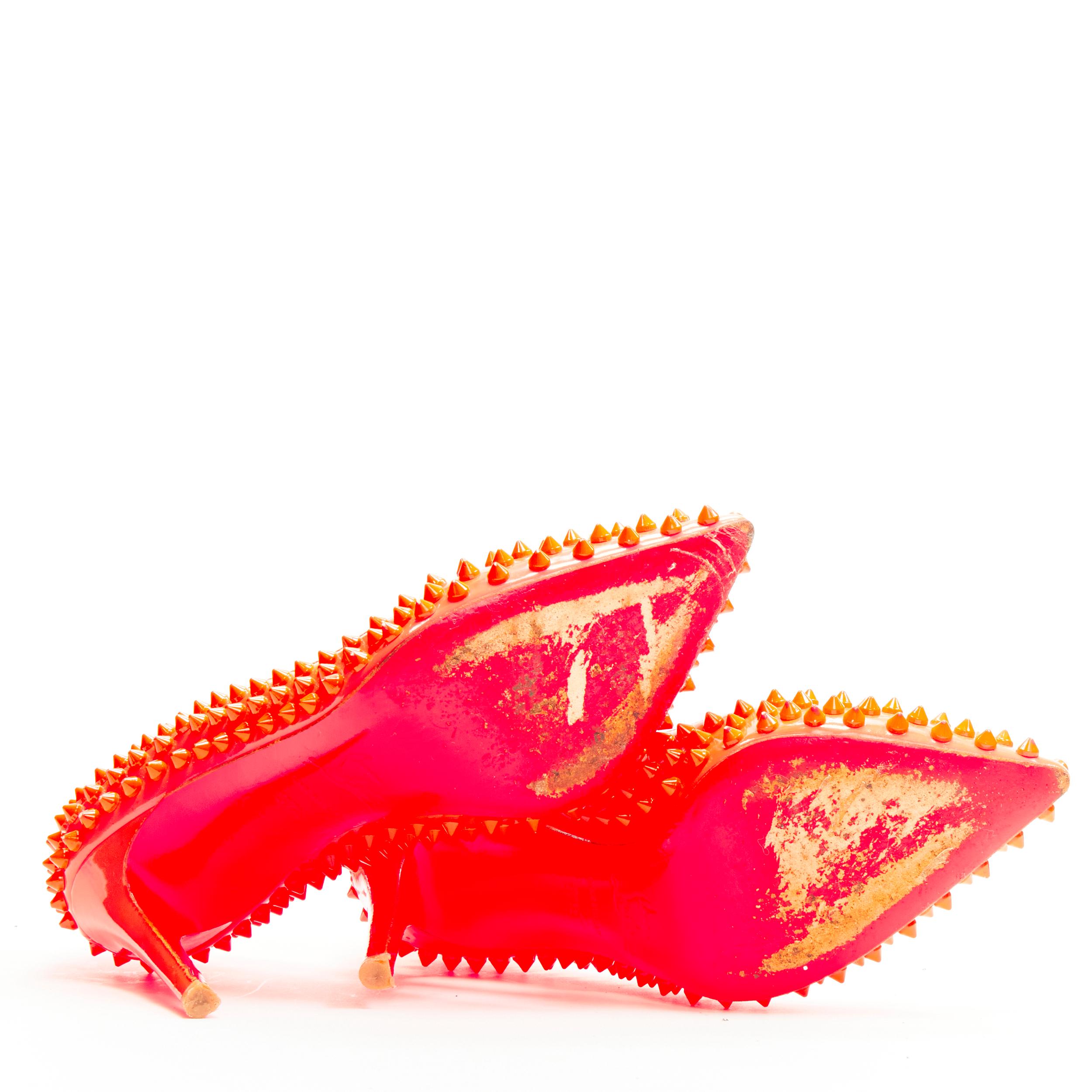 CHRISTIAN LOUBOUTIN neon pink patent spike stud point toe pigalle pump EU37.5 8