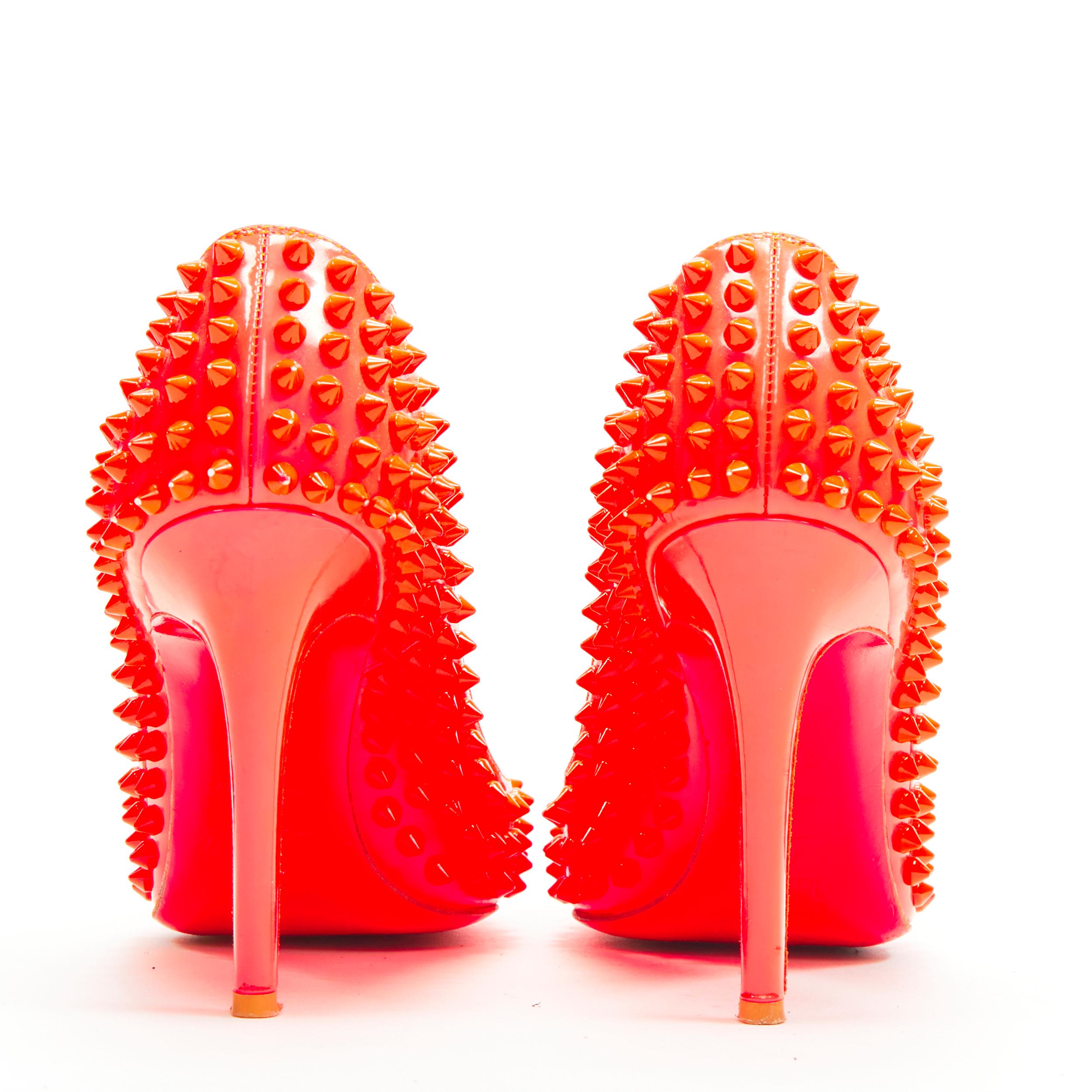 CHRISTIAN LOUBOUTIN neon pink patent spike stud point toe pigalle pump EU37.5 1