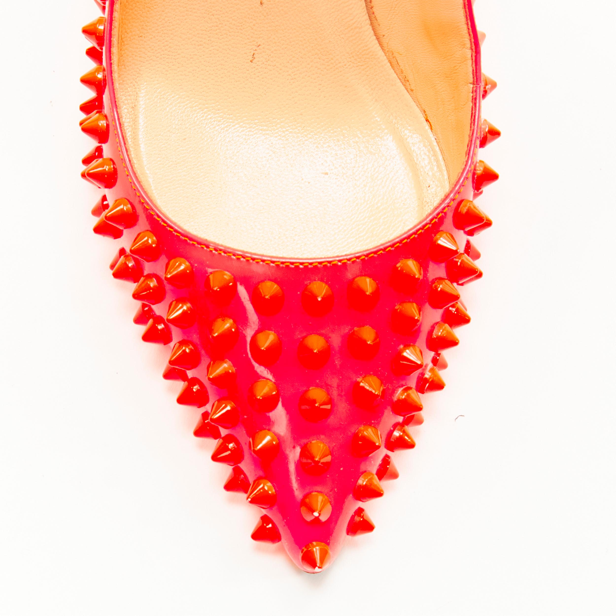 CHRISTIAN LOUBOUTIN neon pink patent spike stud point toe pigalle pump EU37.5 2