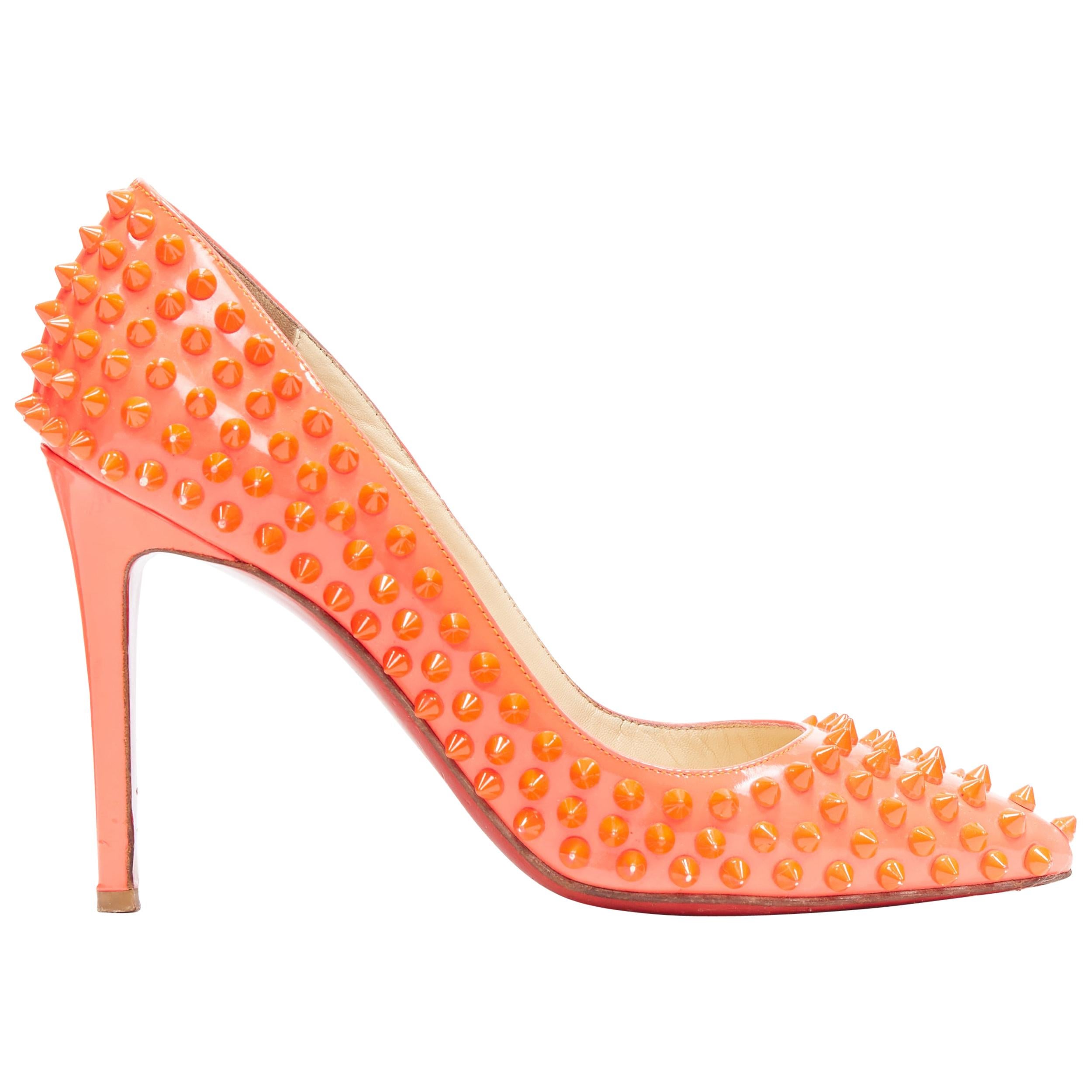 CHRISTIAN LOUBOUTIN neon pink patent spike stud point toe pigalle pump EU37.5