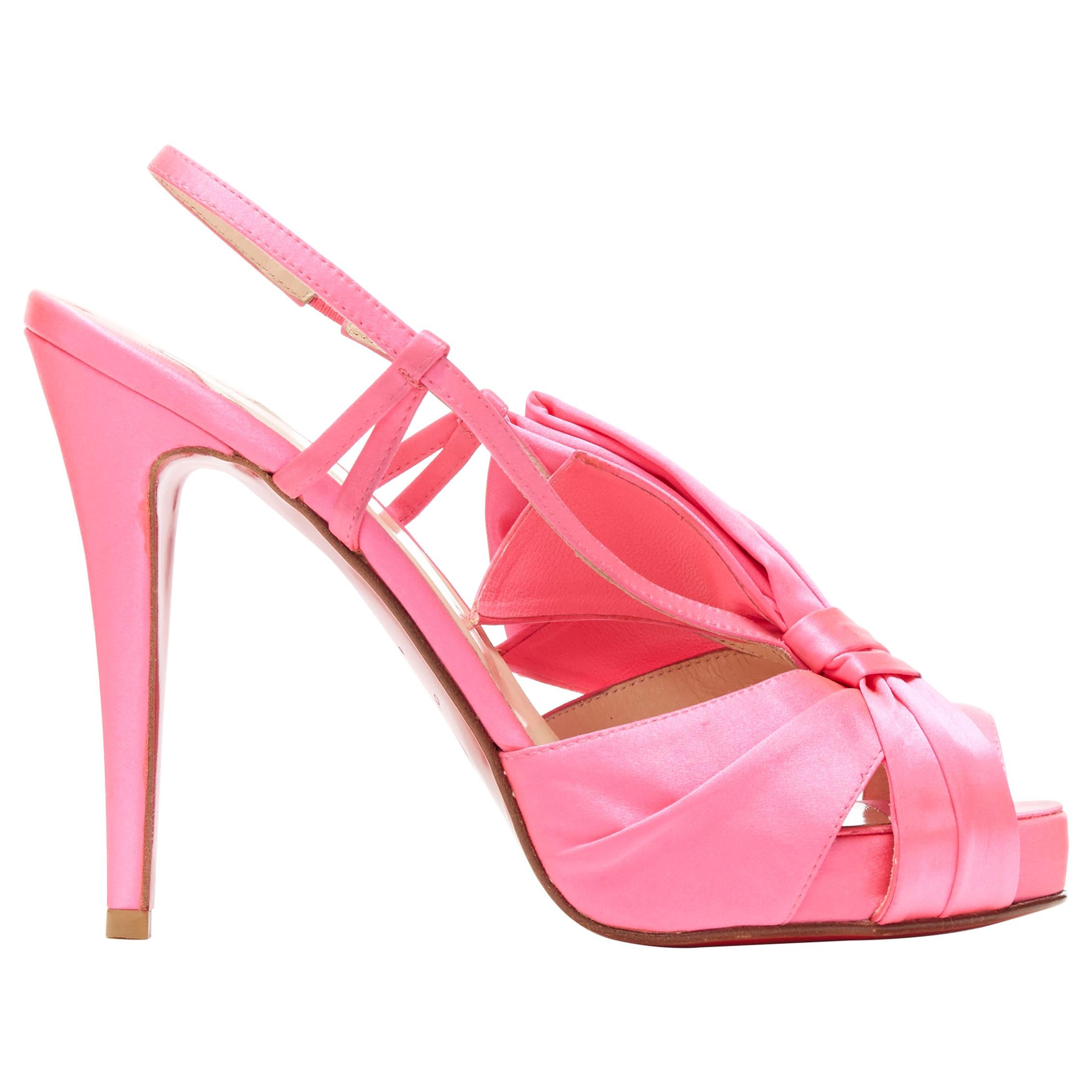 CHRISTIAN LOUBOUTIN neon pink satin bow peep toe sling back peep toe pump EU38 at 1stDibs