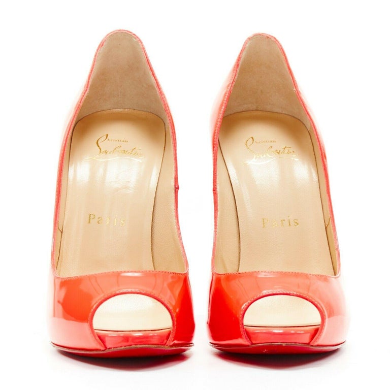 CHRISTIAN LOUBOUTIN neon shocking pink patent peep toe platform heel ...