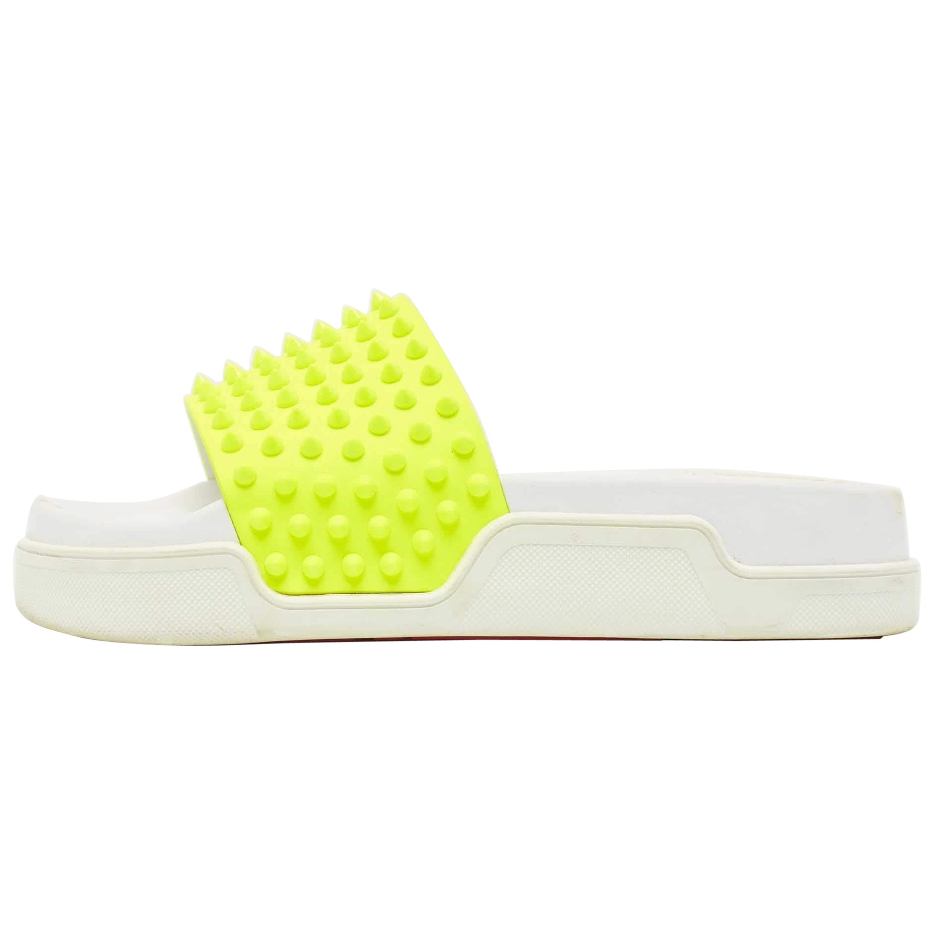 Christian Louboutin Neon Yellow Leather Spikes Pool Fun Flat Slides Size 40