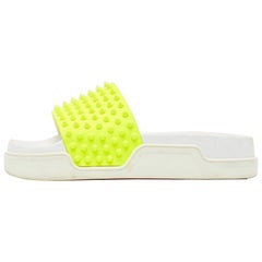 Christian Louboutin Neon Yellow Leather Spikes Pool Fun Flat Slides Size 40