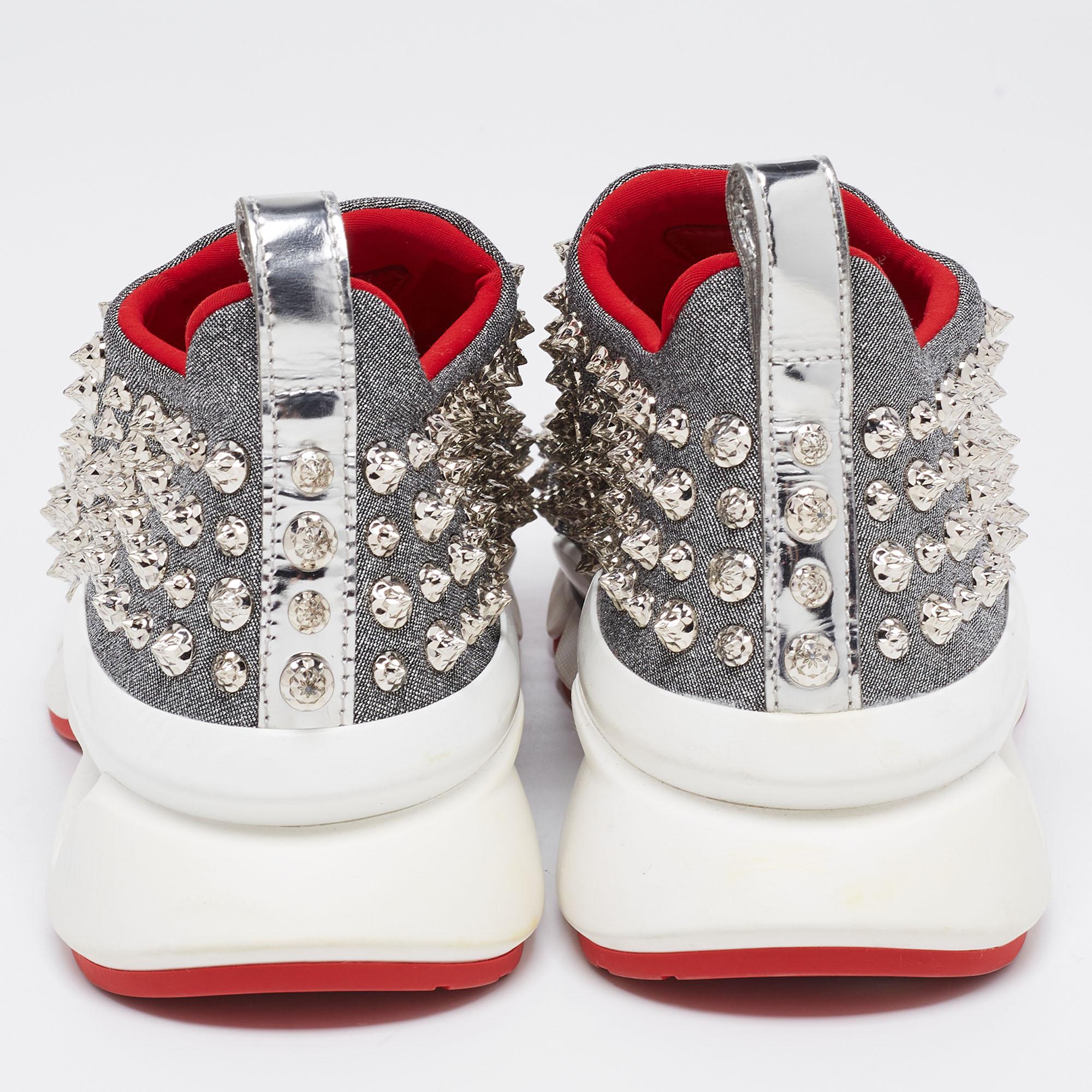Gray Christian Louboutin Neoprene Spike Sock Platform Slip On Sneakers Size 37.5