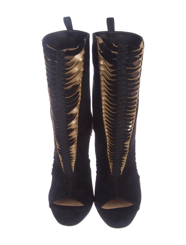 Christian Louboutin NEW Black Suede Gold Leather Ankle Boots Booties in ...