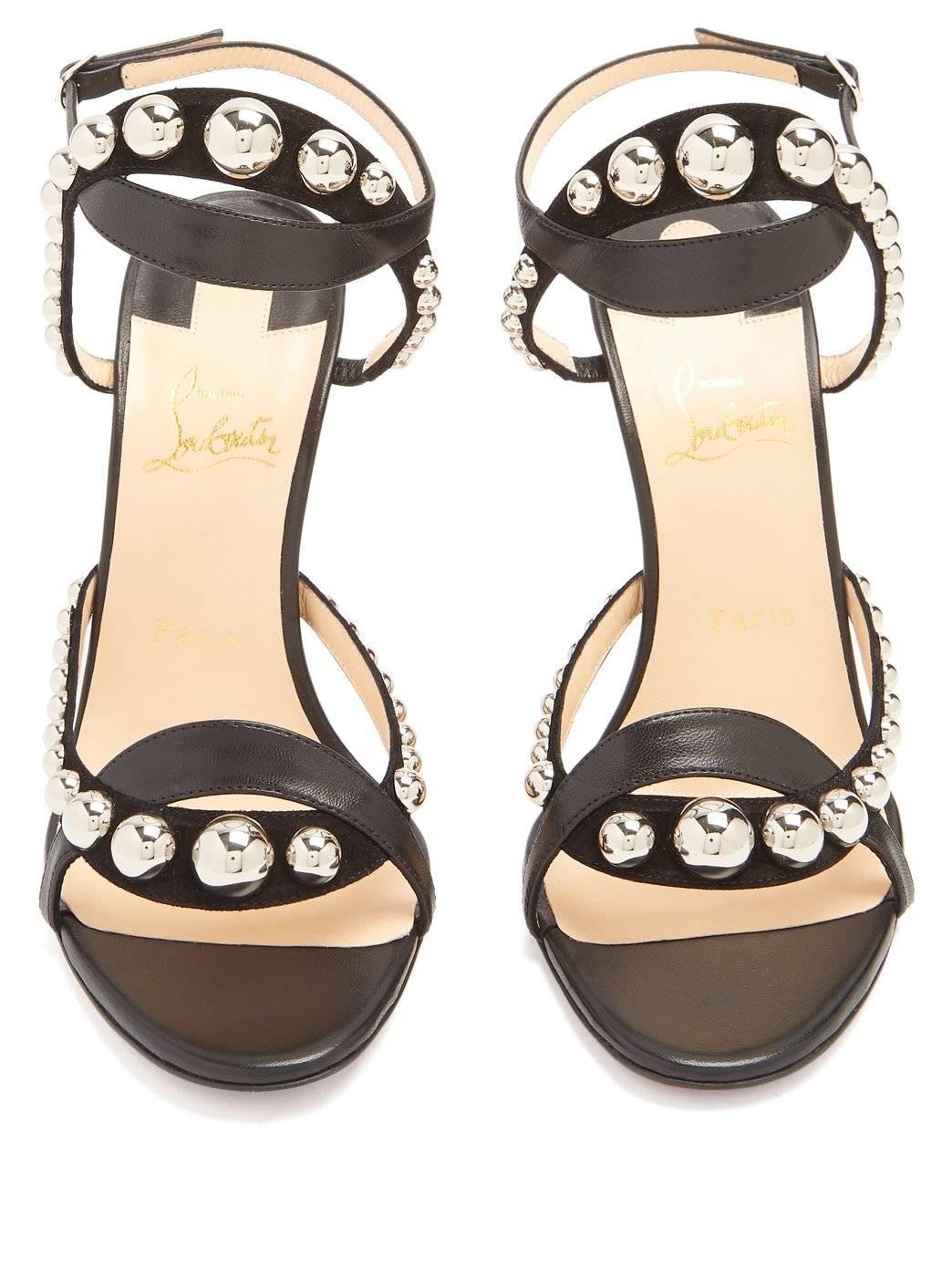 Christian Louboutin Black Suede Silver Stud Evening Sandals Heels  In New Condition In Chicago, IL