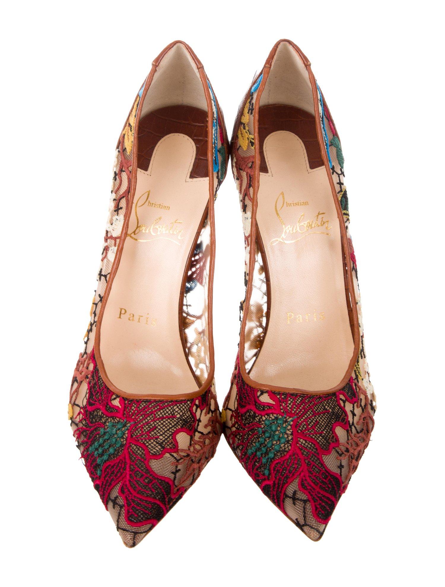 Christian Louboutin NEW Brown Leather Flower Mesh Evening Pumps Heels ...