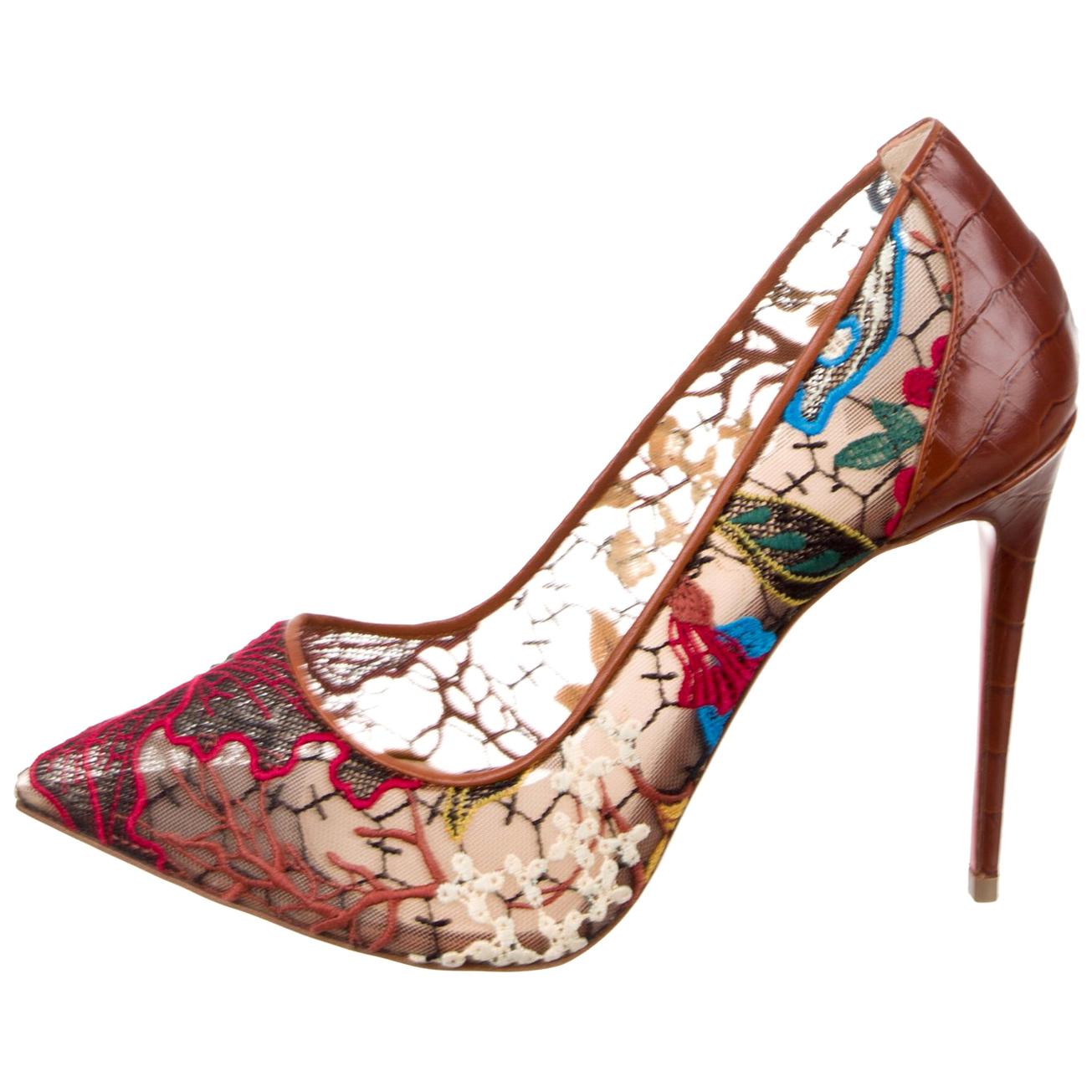 Christian Louboutin NEW Brown Leather Flower Mesh Evening Pumps Heels 
