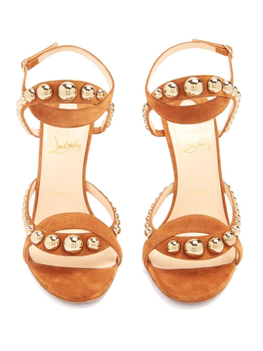 Christian Louboutin New Cognac Suede Gold Stud Evening Sandals Heels  In New Condition In Chicago, IL