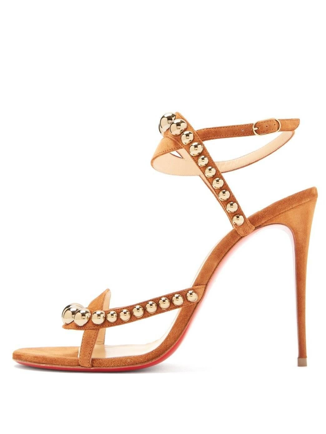 Women's Christian Louboutin New Cognac Suede Gold Stud Evening Sandals Heels 