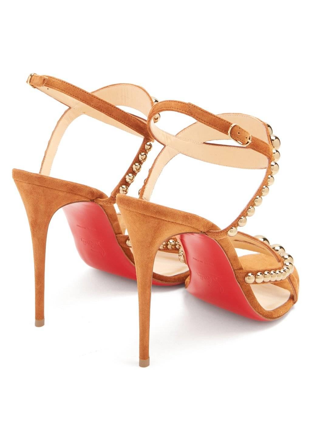 Women's Christian Louboutin New Cognac Suede Gold Stud Evening Sandals Heels 