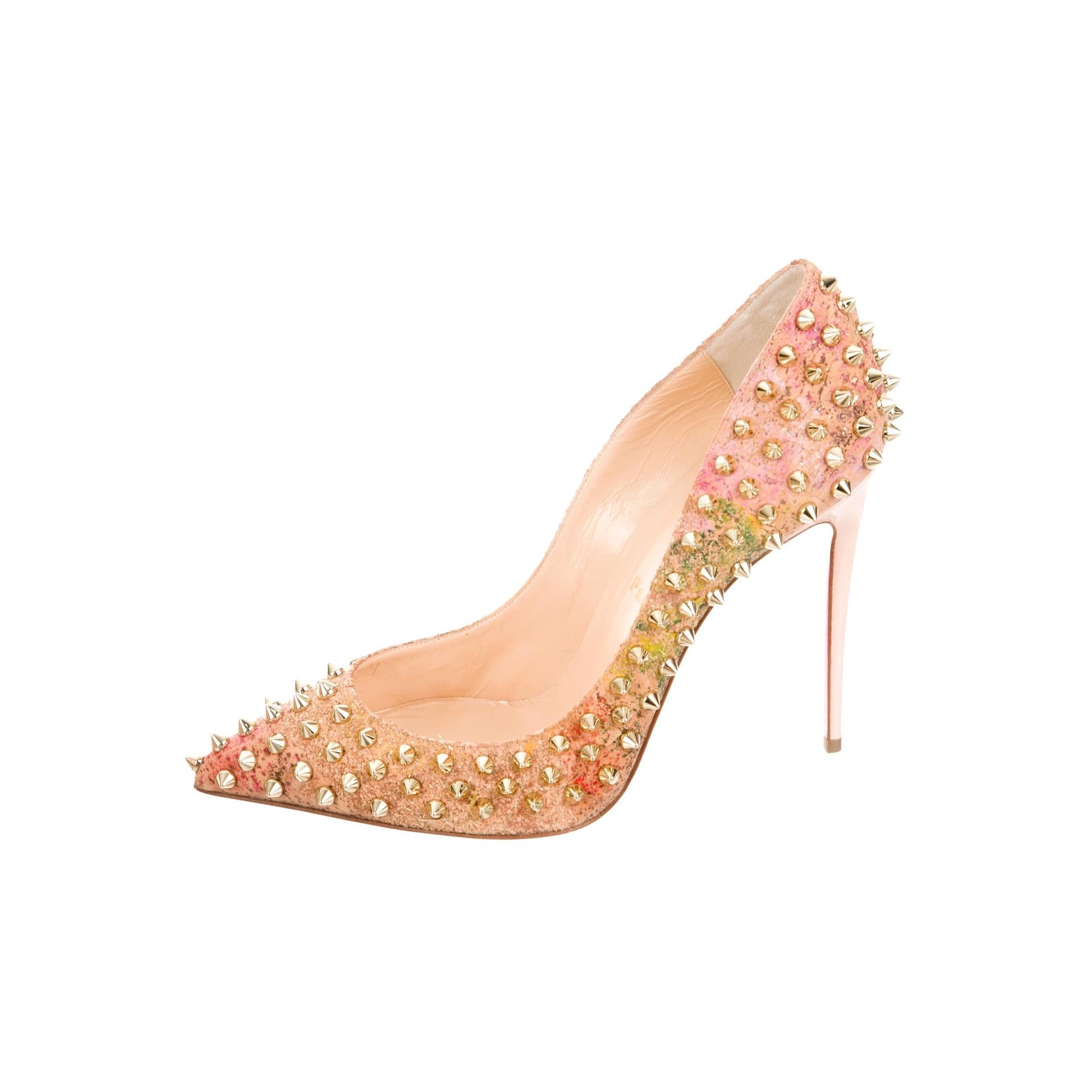 Christian Louboutin NEW Multi Color Cork Gold Stud Evening Heels Pumps in Box