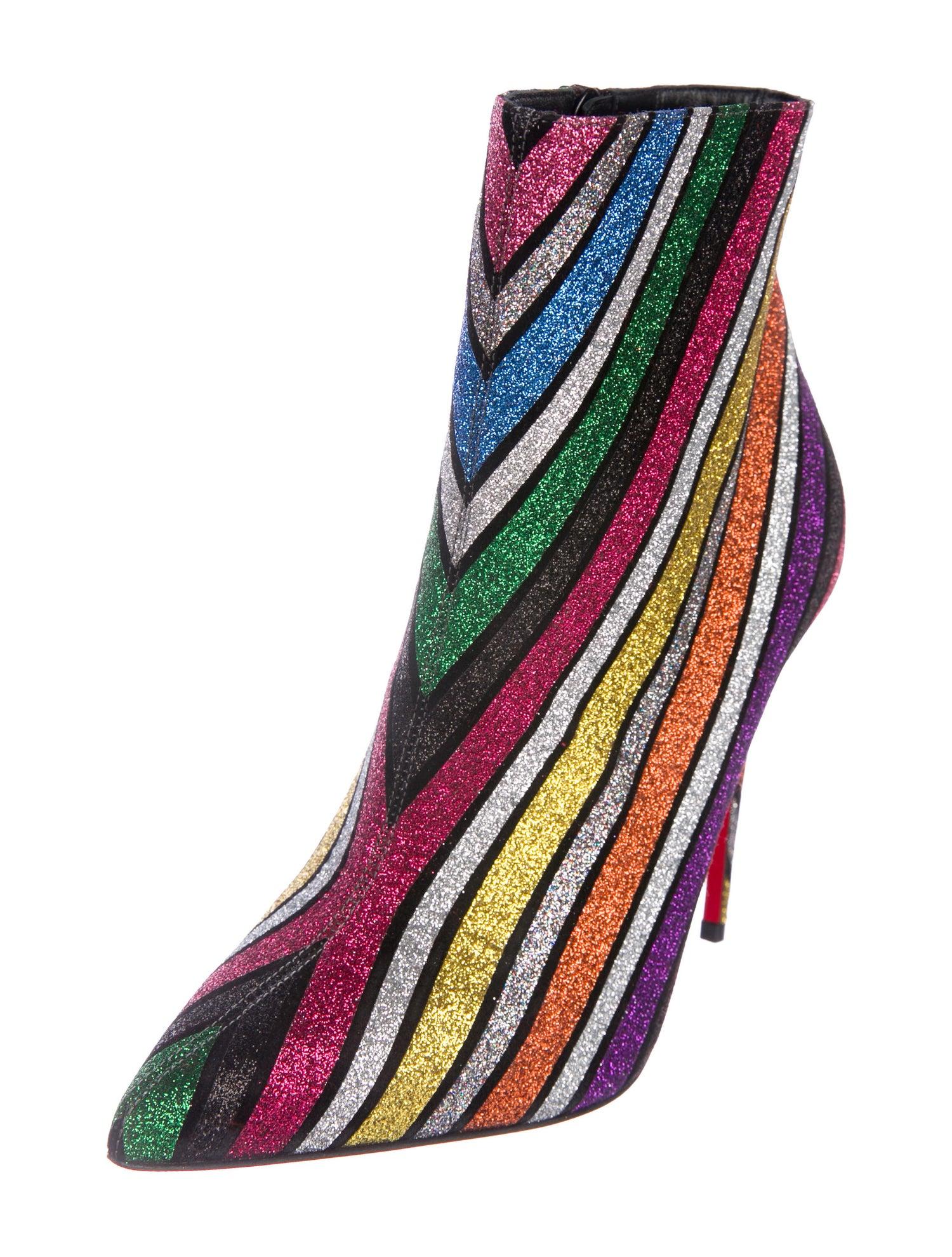 Christian Louboutin NEW Multi Color Glitter Stripe Ankle Booties Boots in Box 

Size IT 36.5
Leather
Glitter
Zip closure 
Made in Italy
Heel height 4.25