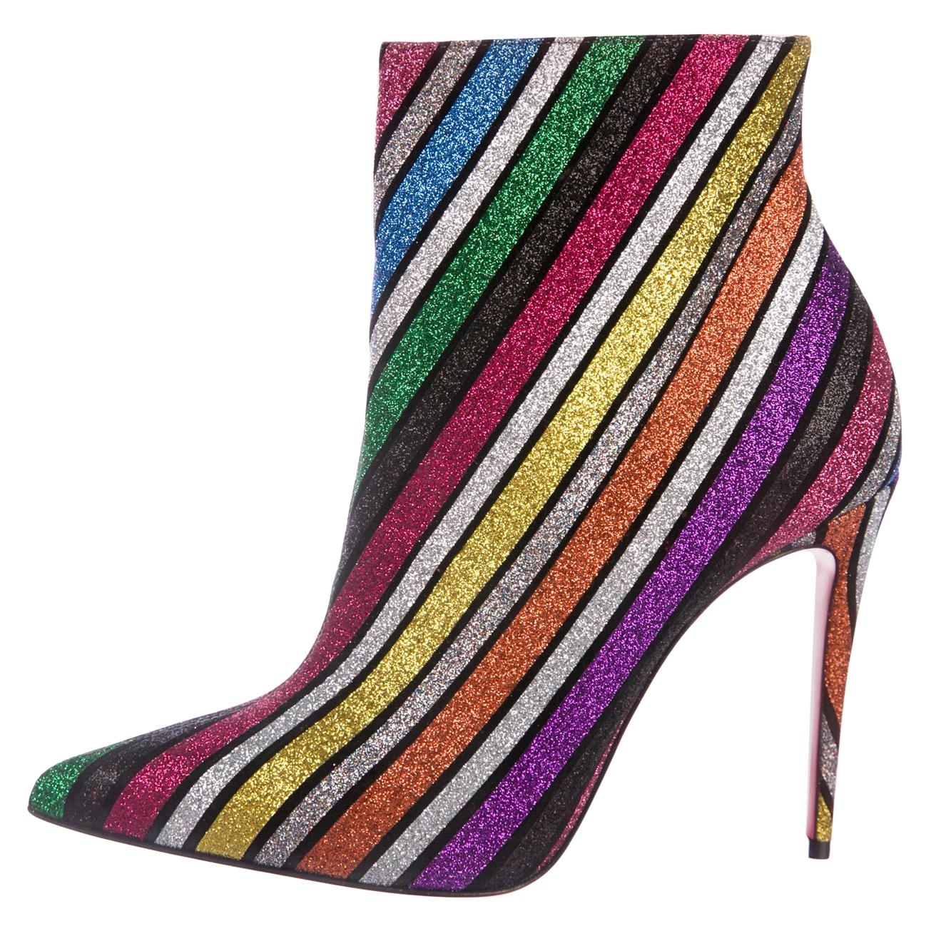 Christian Louboutin NEW Multi Color Glitter Stripe Ankle Booties Boots in Box 