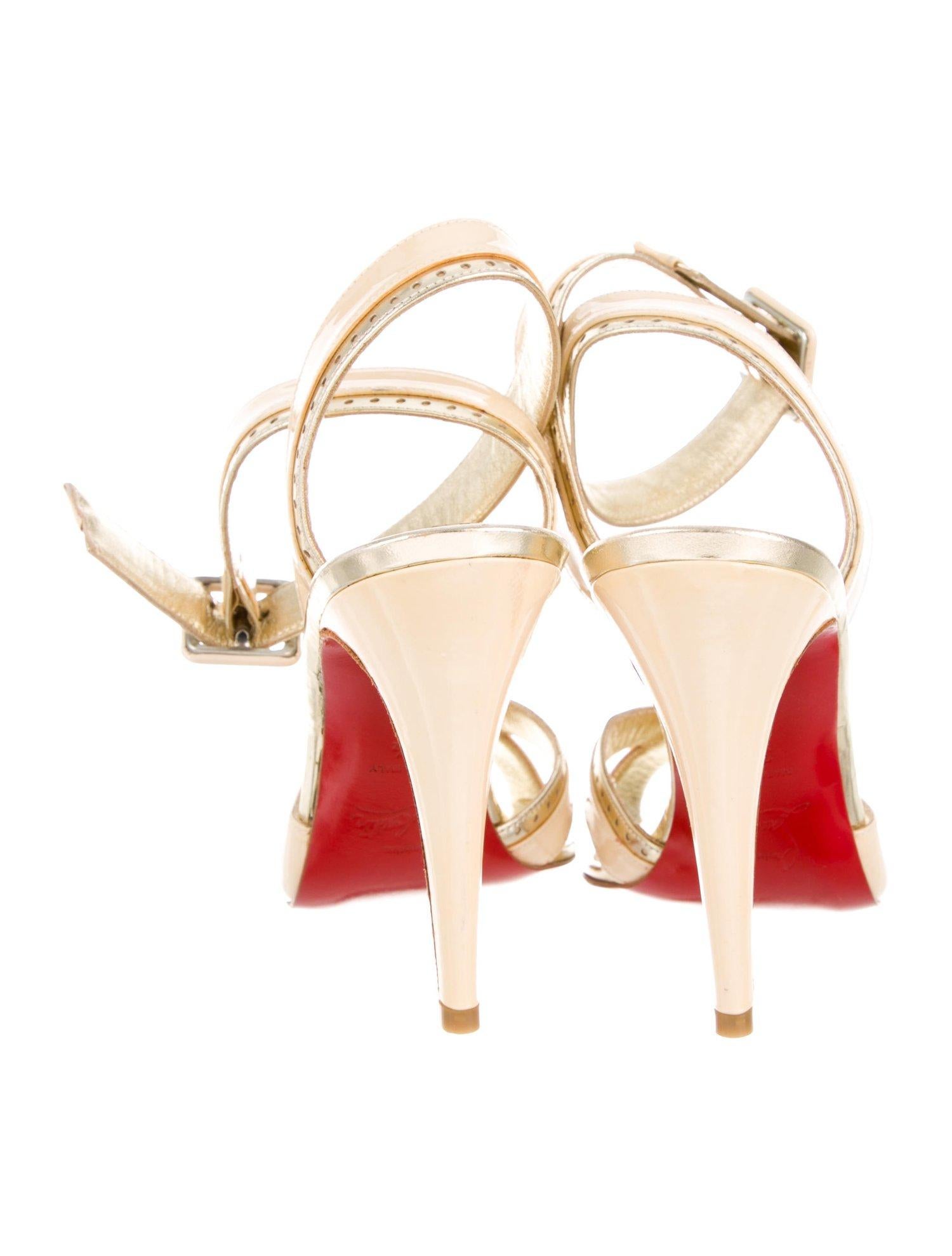 Women's Christian Louboutin NEW Nude Gold Patent Leather Evening Heels Sandals
