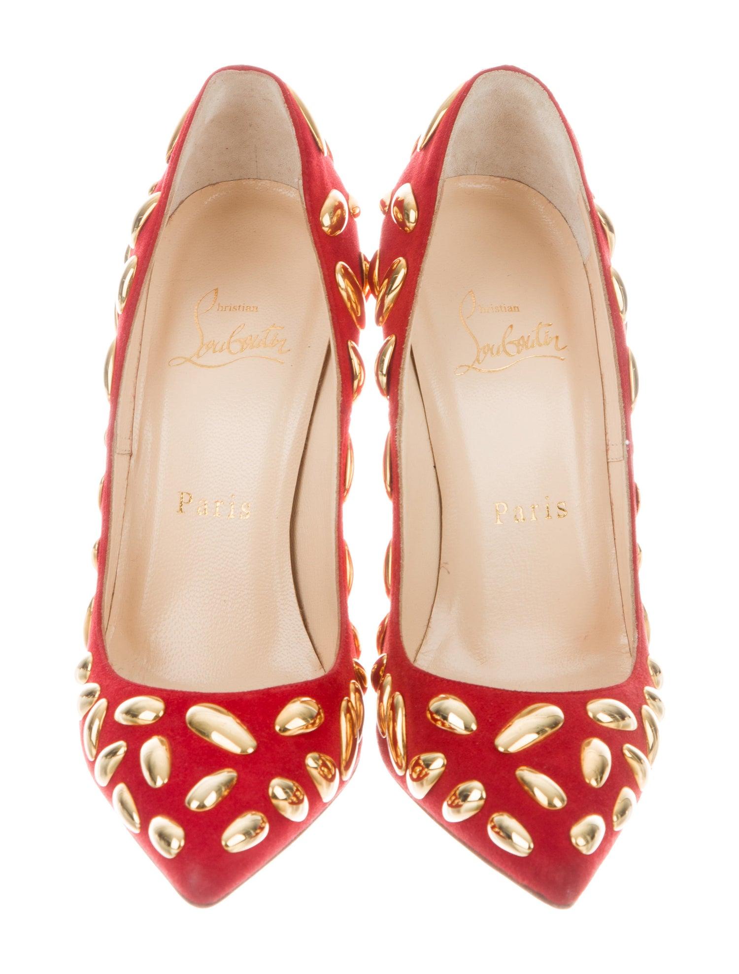 Pink Christian Louboutin NEW Red Suede Gold Metal Evening Heels Pumps