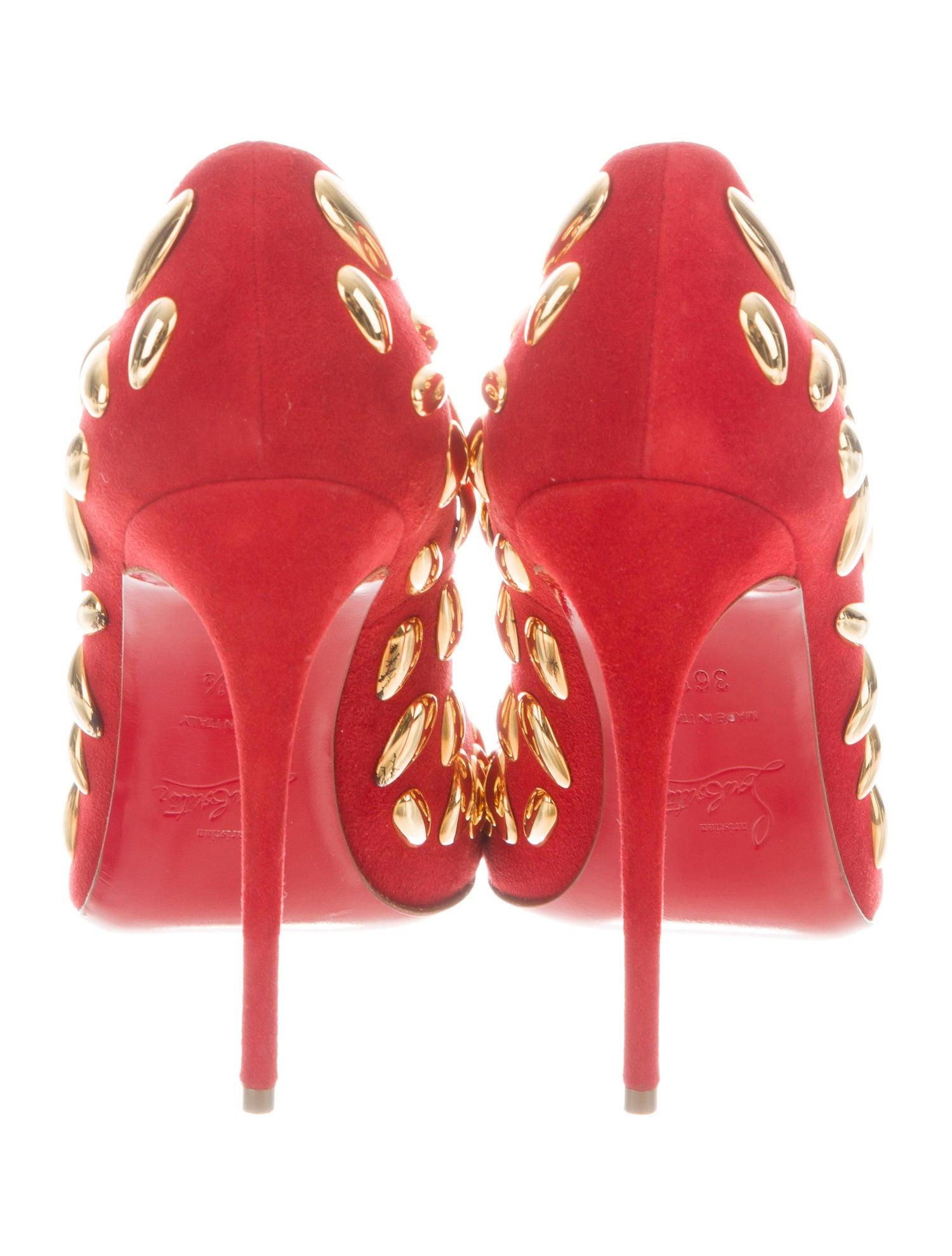 Women's Christian Louboutin NEW Red Suede Gold Metal Evening Heels Pumps