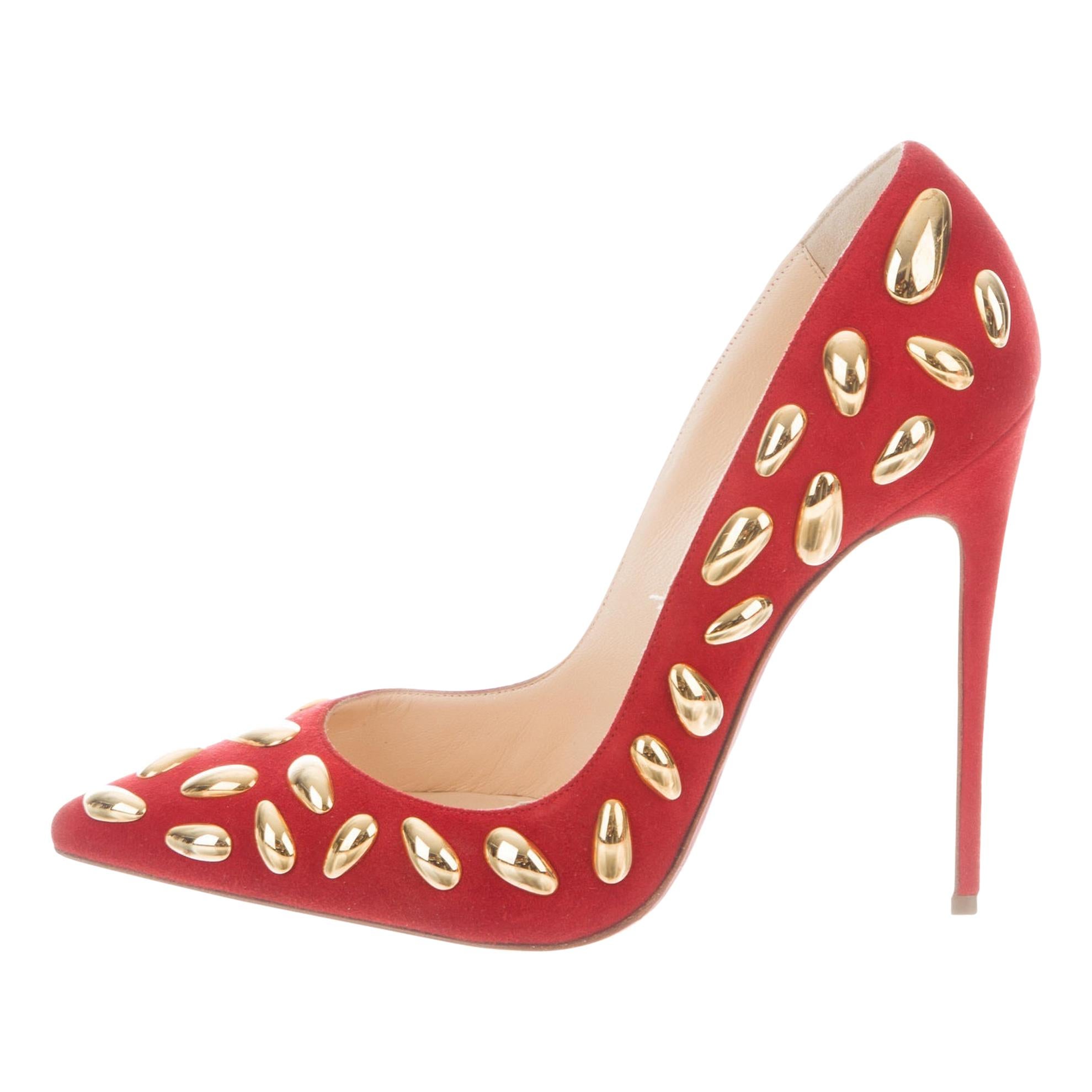 Christian Louboutin NEW Red Suede Gold Metal Evening Heels Pumps