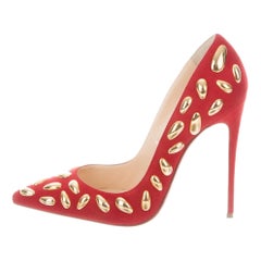 Christian Louboutin NEW Red Suede Gold Metal Evening Heels Pumps
