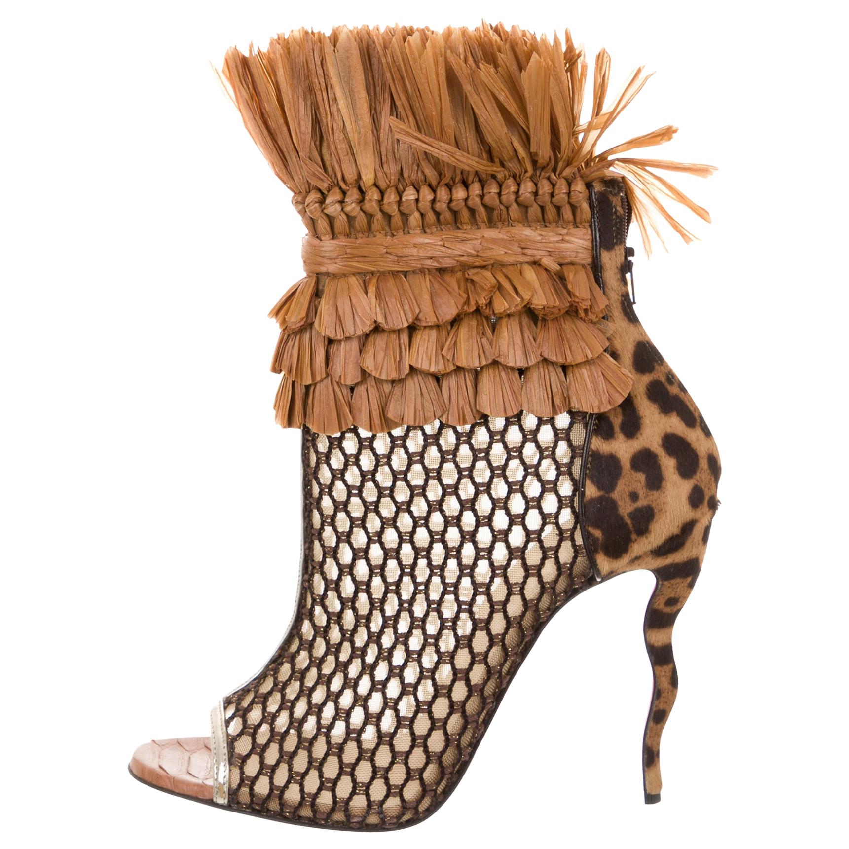 Christian Louboutin NEW Snakeskin Mesh Pony Raffia Open Ankle Booties Boots  at 1stDibs