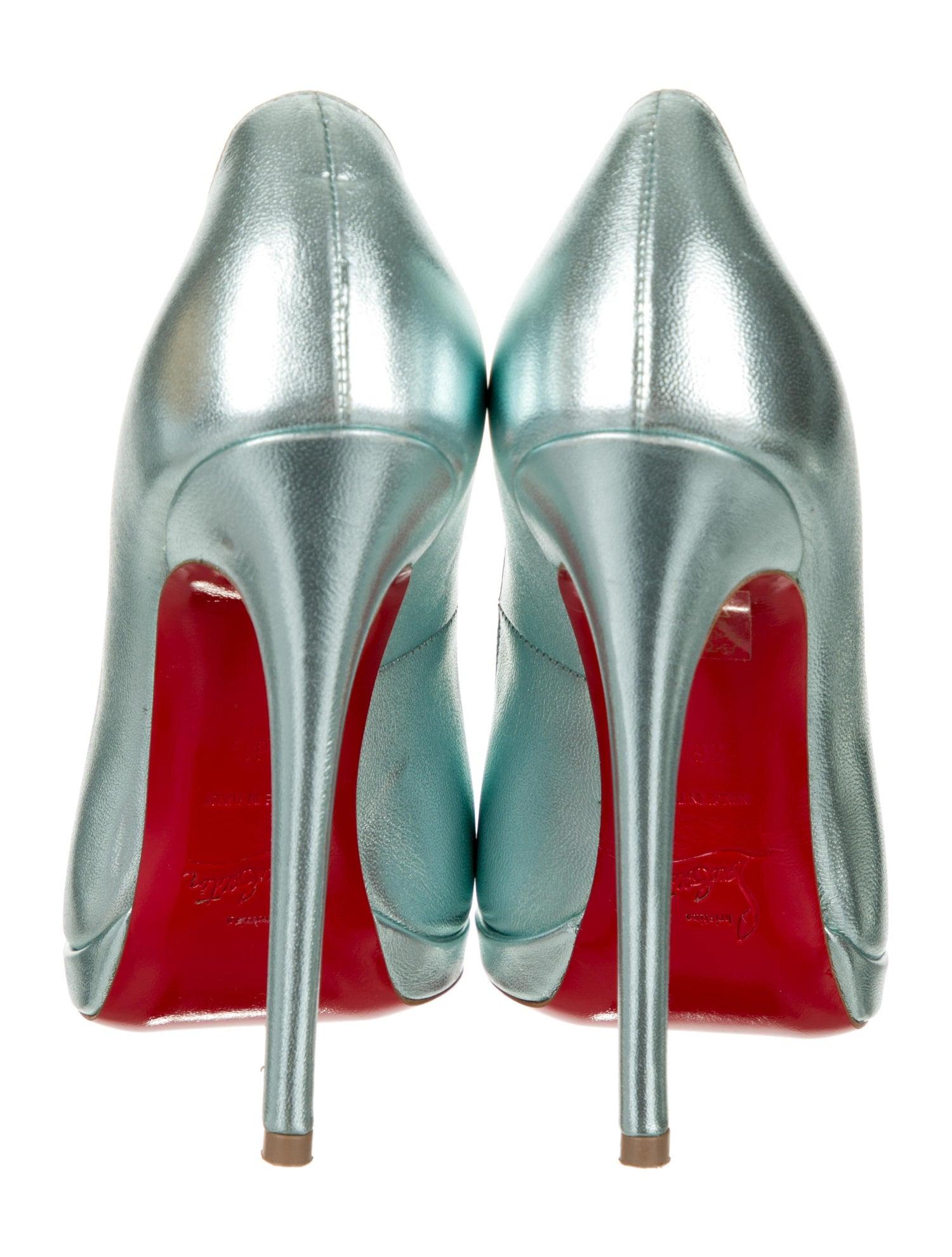 Blue Christian Louboutin NEW Teal Green Leather Platform Pumps Heels