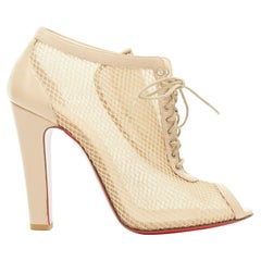 CHRISTIAN LOUBOUTIN Nikita 100 nude mesh peeptoe laced chunky heel bootie EU38