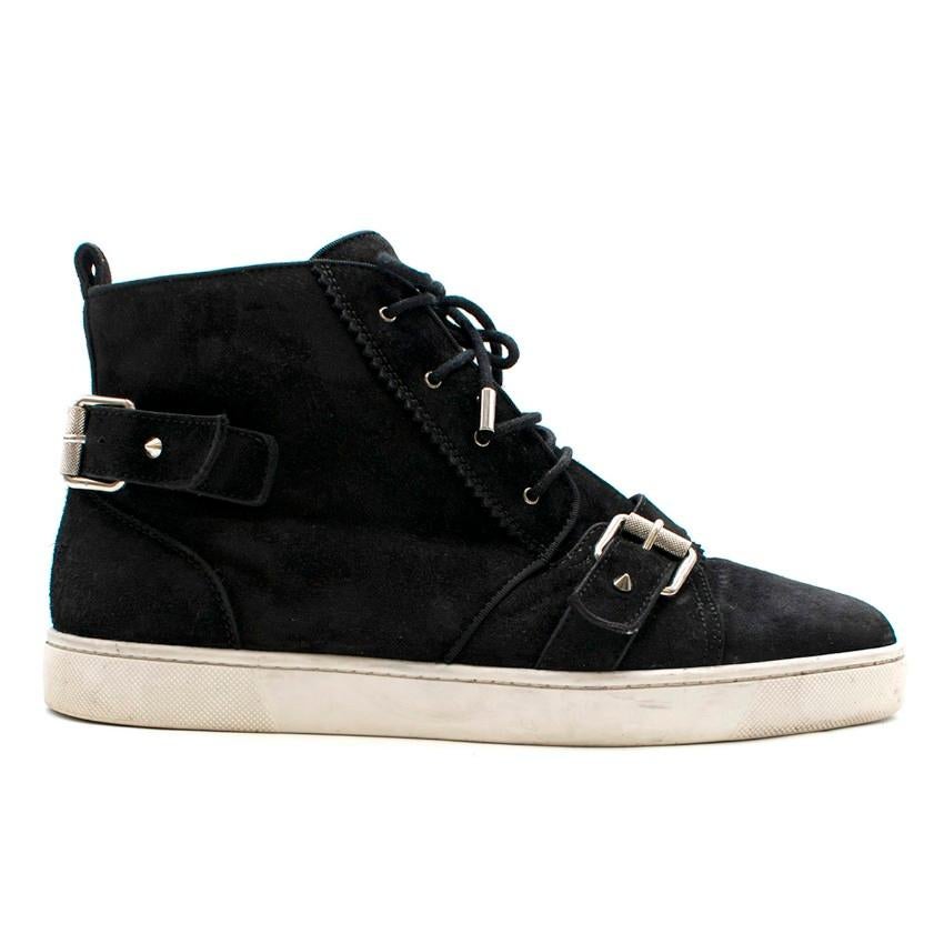 Christian Louboutin Black Suede High-top Strap Trainers.

- Black suede Nono Strap
- Intricate details in a blend of high-top sneaker and Chukka boot. 
- White rubber outsole, 
- Signature Louboutin striated buckles, studded straps and pinking