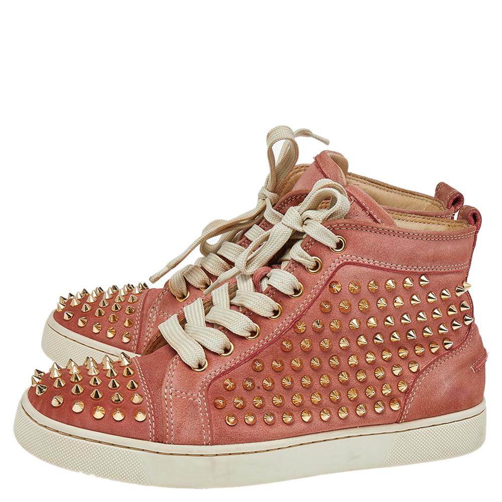 Brown Christian Louboutin Nubuck Spike Embellished Louis Orlato Top Sneakers Size 38 For Sale