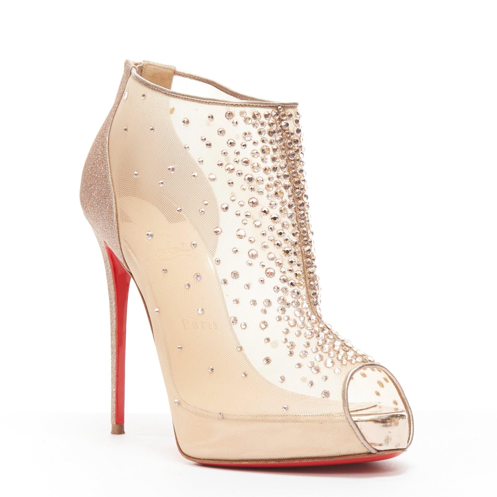 CHRISTIAN LOUBOUTIN nude copper strass crystal peep toe platform bootie EU38
Reference: TGAS/D00990
Brand: Christian Louboutin
Material: Mesh, Leather
Color: Nude, Rose Gold
Pattern: Solid
Closure: Zip
Lining: Brown Leather
Extra Details: Mesh upper