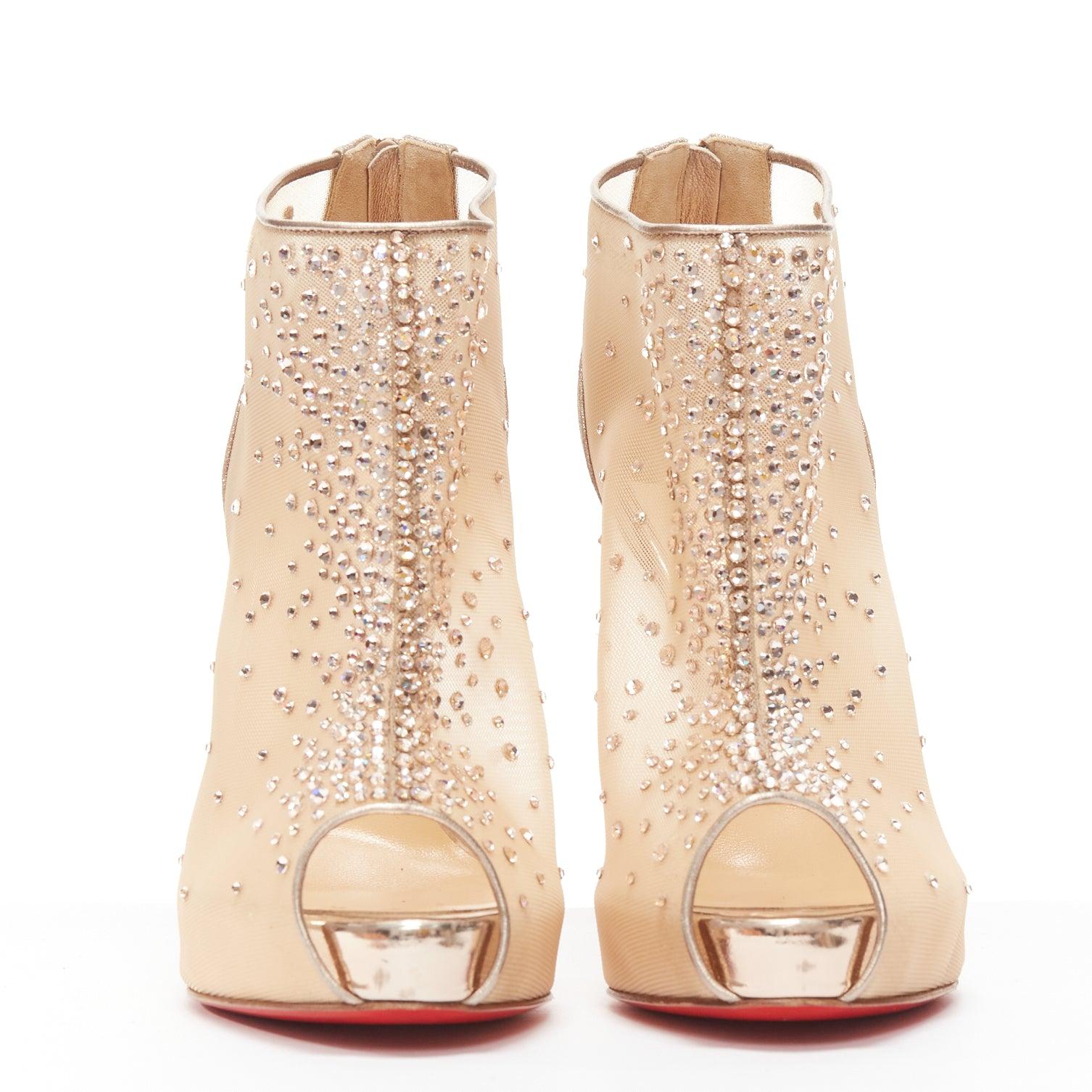 CHRISTIAN LOUBOUTIN nude copper strass crystal peep toe platform bootie EU38 In Good Condition In Hong Kong, NT