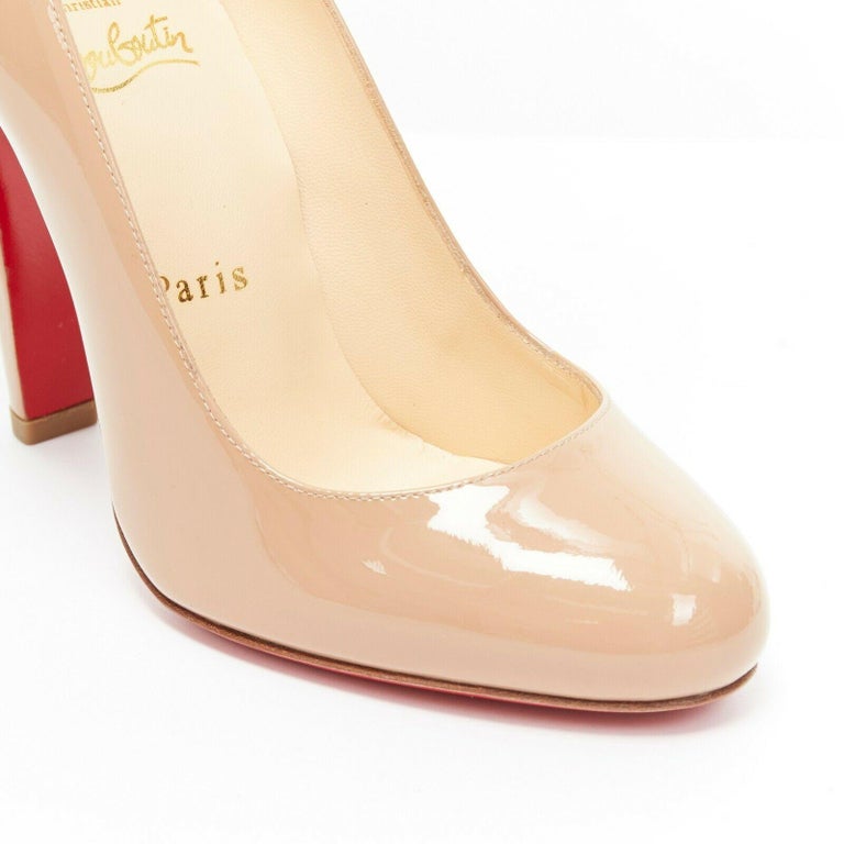 CHRISTIAN LOUBOUTIN nude patent leather almond round toe chunky heel