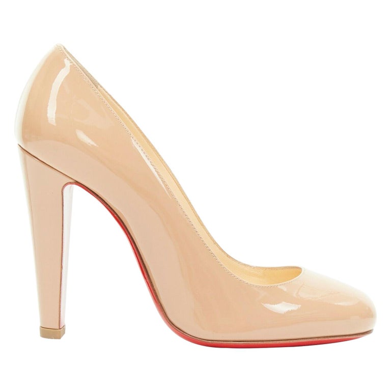 CHRISTIAN LOUBOUTIN nude patent leather almond round toe chunky heel