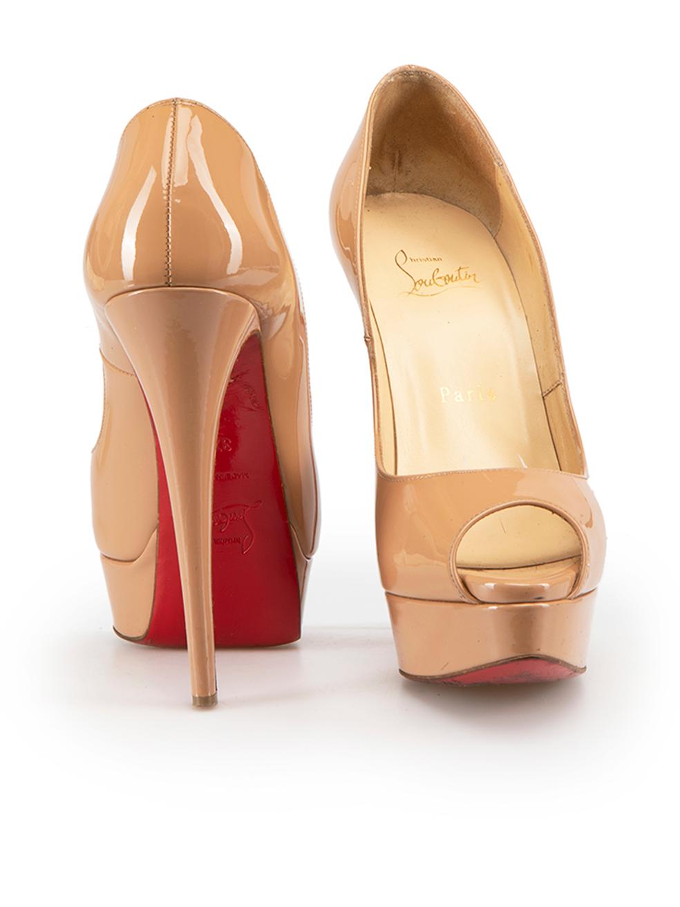 Christian Louboutin Nude Patent Platform Peep Heels Size IT 37.5 In Good Condition For Sale In London, GB