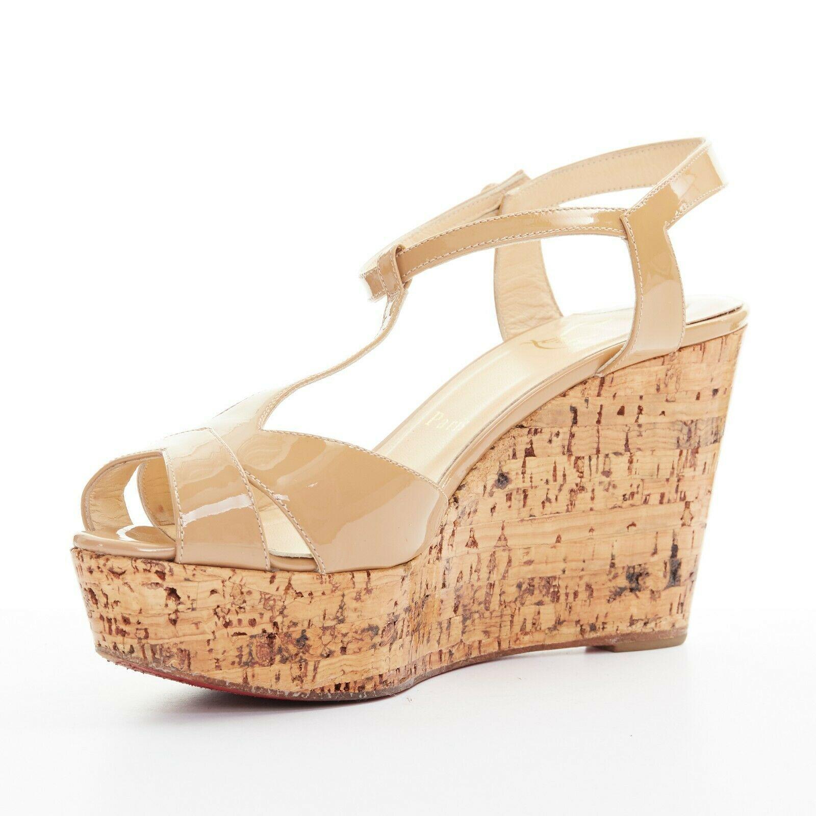 CHRISTIAN LOUBOUTIN nude patent T-strap peep lacquared cork wedge heel EU36.5 In Excellent Condition In Hong Kong, NT