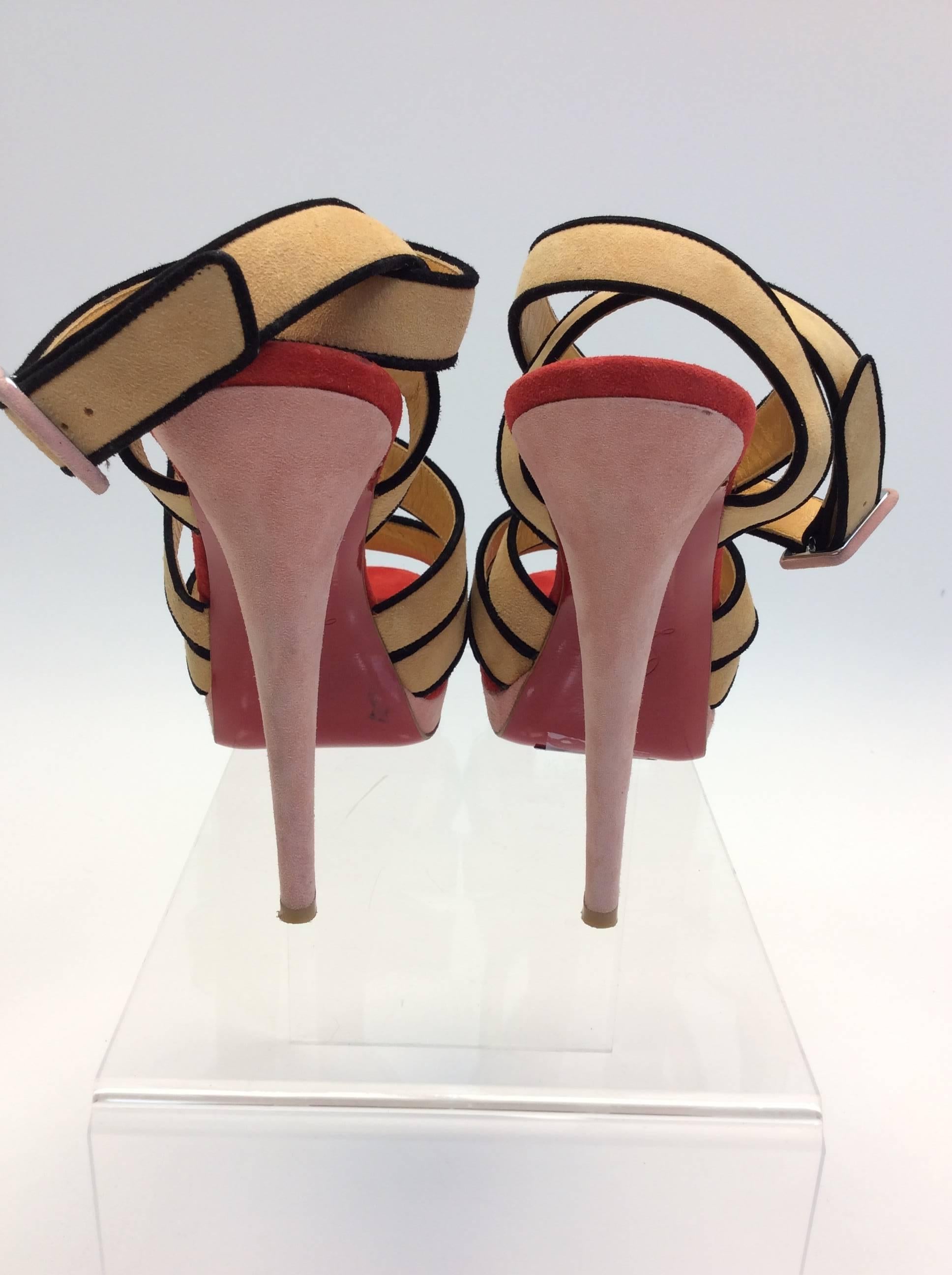 Brown Christian Louboutin Nude, Red, and Pink Suede Sandals For Sale