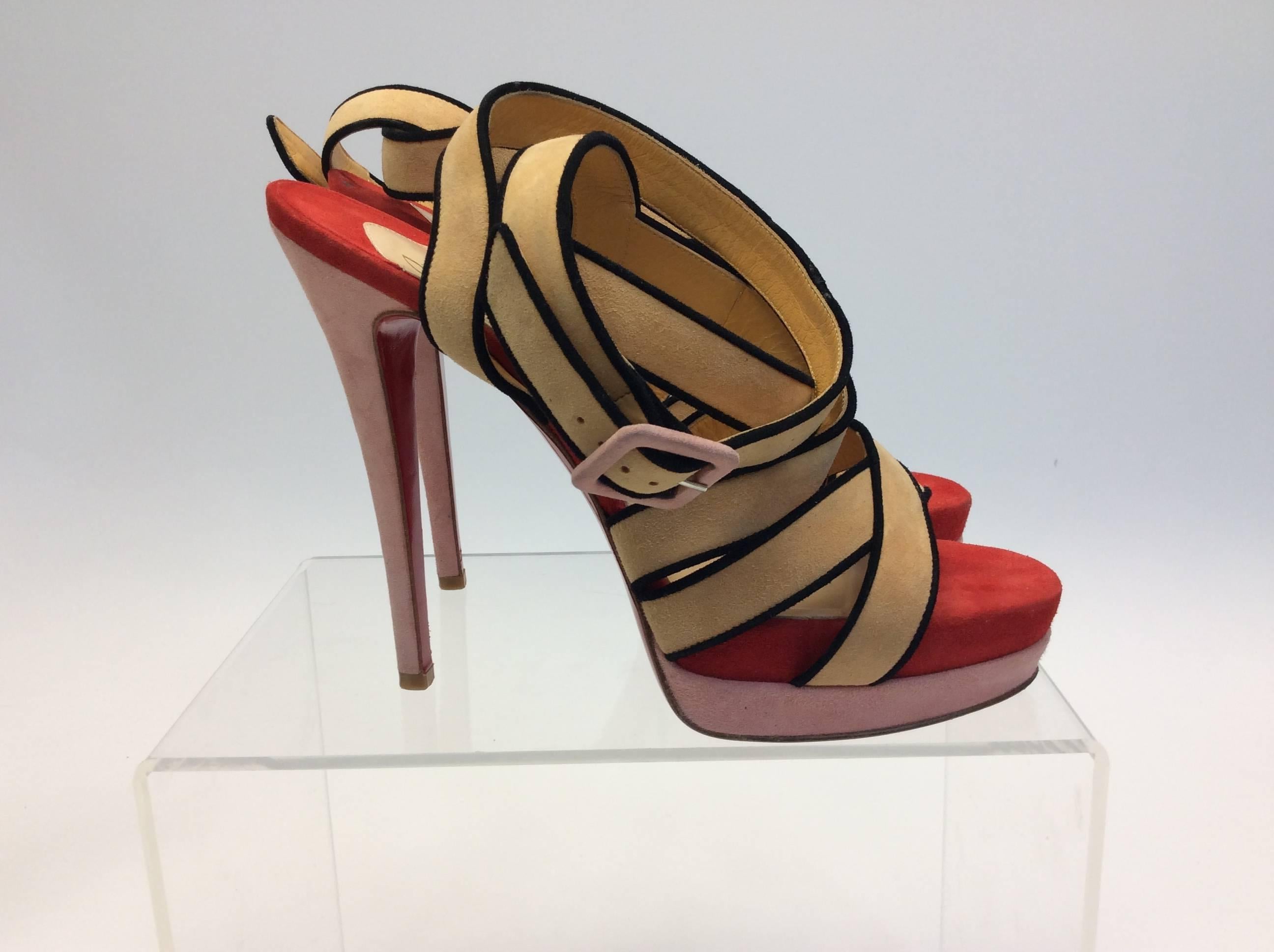 Christian Louboutin Nude, Red, and Pink Suede Sandals In Excellent Condition For Sale In Narberth, PA