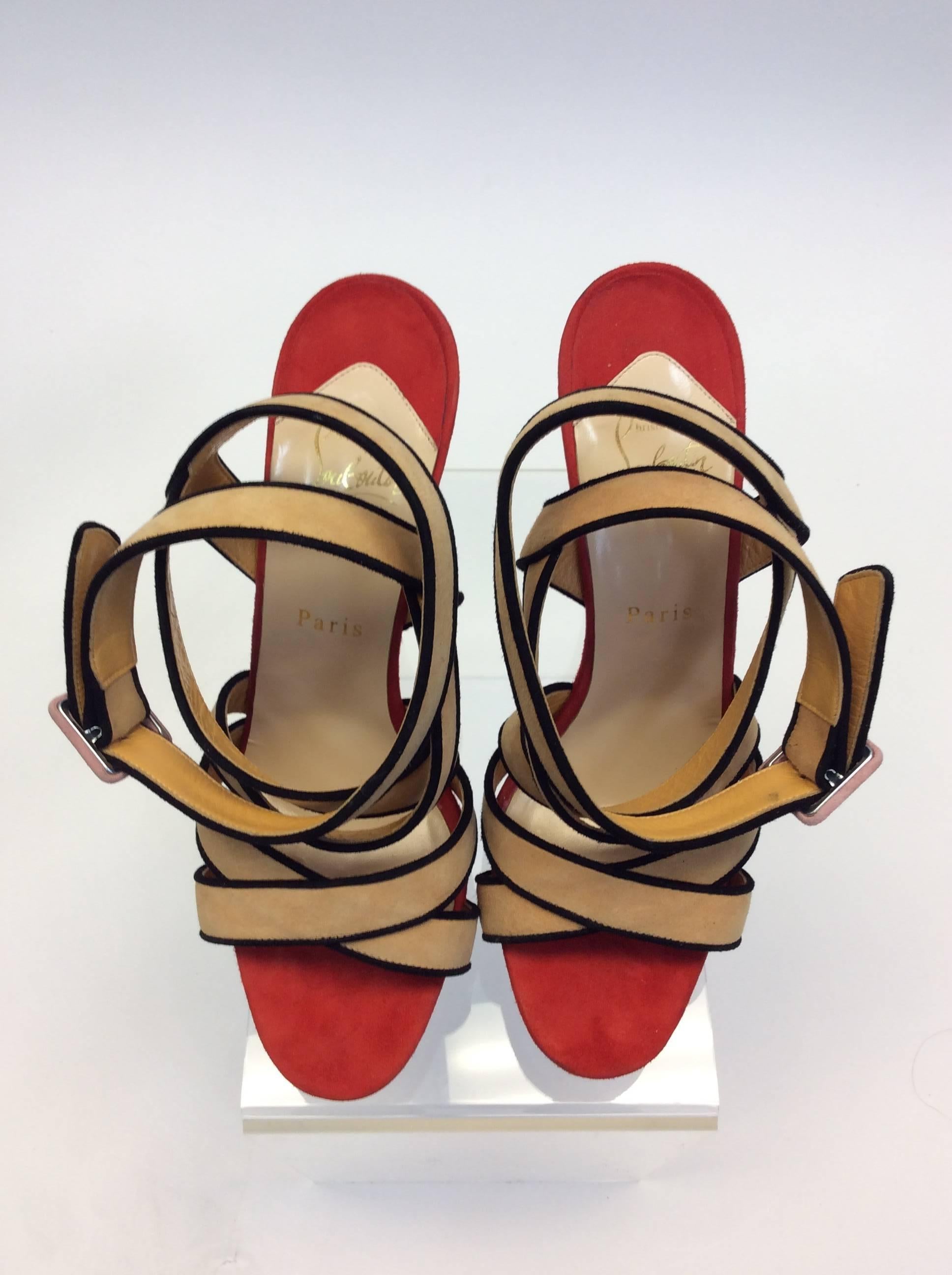 Women's Christian Louboutin Nude, Red, and Pink Suede Sandals For Sale