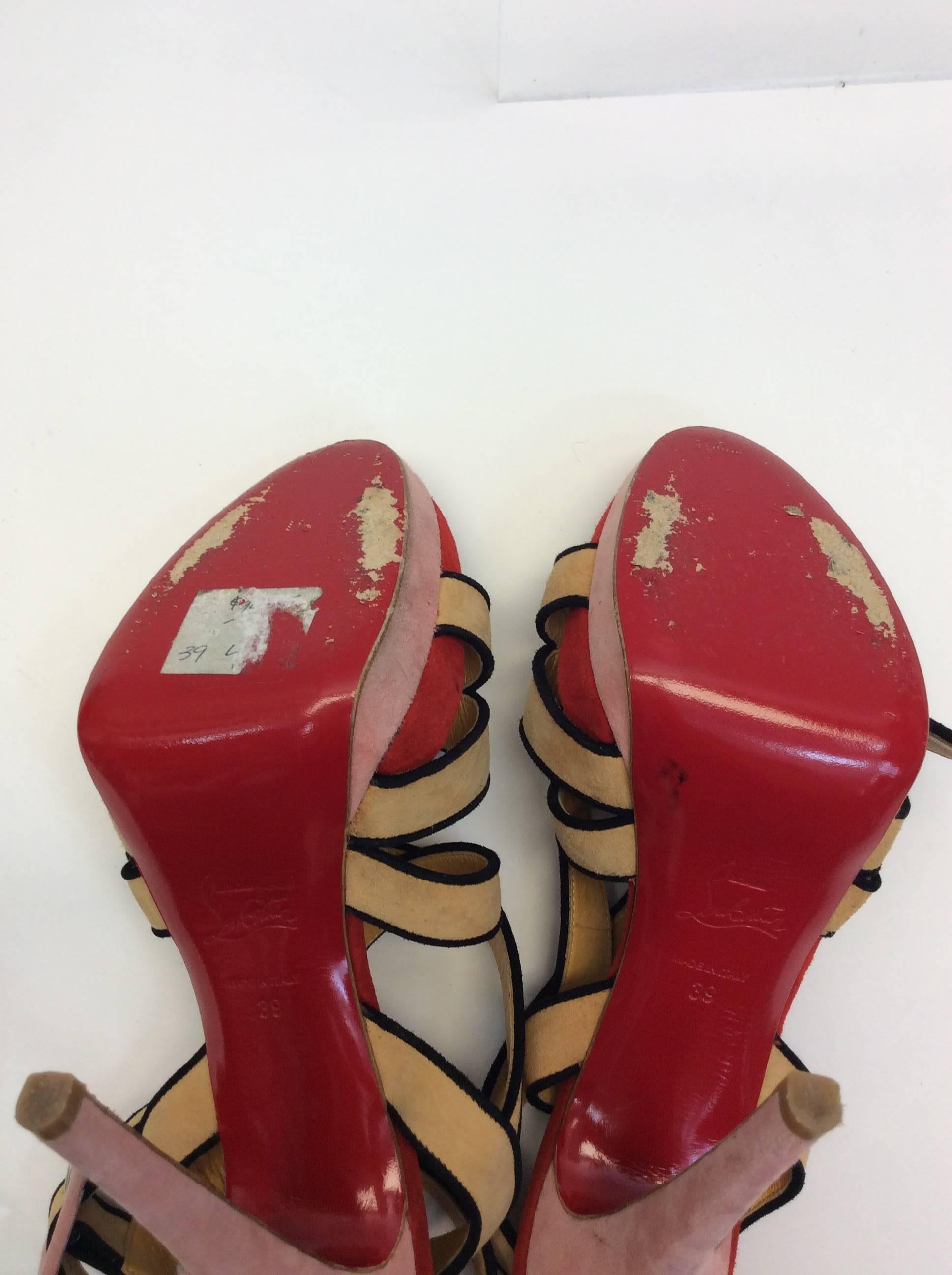 Christian Louboutin Nude, Red, and Pink Suede Sandals For Sale 2