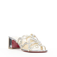 CHRISTIAN LOUBOUTIN Octostrass silver crystal strappy mid heel mule EU36