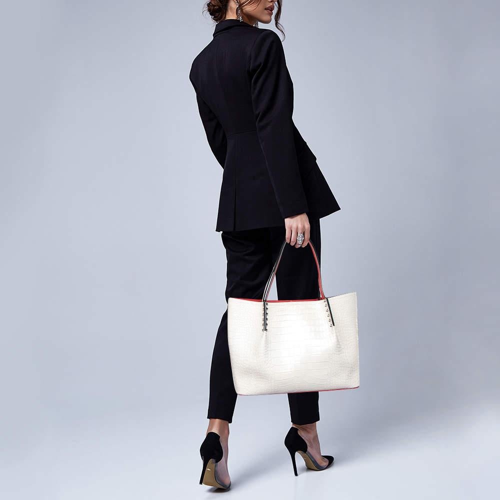 Christian Louboutin Off White Croc Embossed Leather Cabarock Shopper Tote In Excellent Condition In Dubai, Al Qouz 2