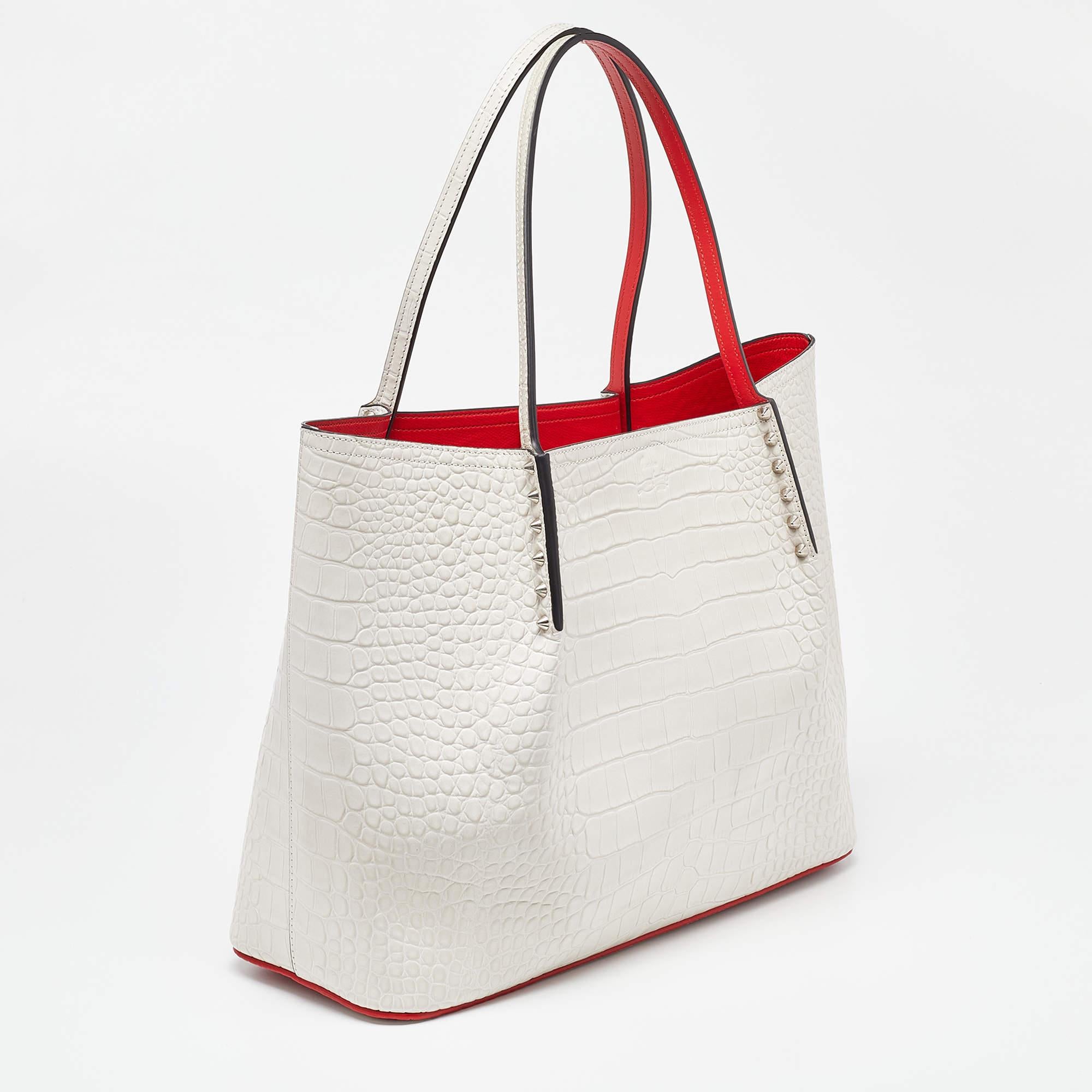 Women's Christian Louboutin Off White Croc Embossed Leather Cabarock Shopper Tote