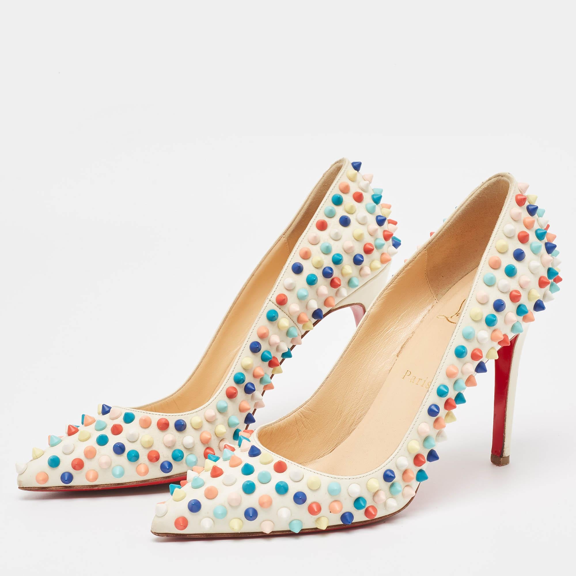 Christian Louboutin Off White Leather Pigalle Spikes Pumps Size 38.5 For Sale 6